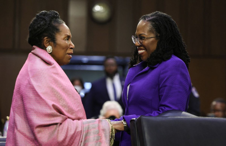 Judge Ketanji Brown Jackson (R) is greeeted by U.S. Rep. Sheila Jackson Lee (D-TX) at a Senate Judiciary Committee confirmation hearing on Jackson's nomination to the U.S. Supreme Court, on Capitol Hill in Washington, U.S., March 21, 2022. 