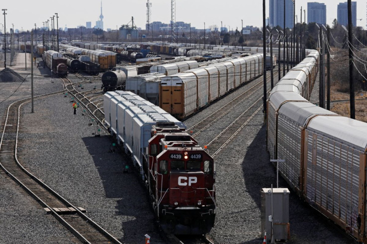 A Canadian Pacific Railway (CP Rail) locomotive backs into position at the company's Toronto Yard in Scarborough, Ontario, Canada March 20, 2022.