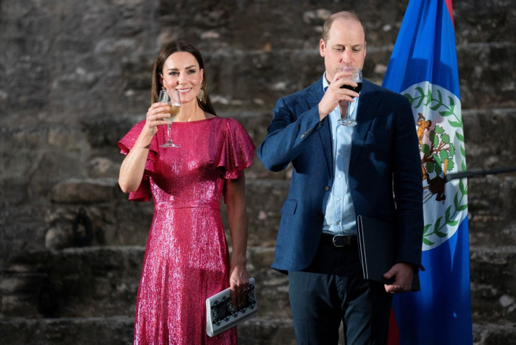 Prince William and Catherine, Duchess of Cambridge drink a toast to the Queen during a special reception in celebration of the Queen's Platinum Jubilee, hosted by the Governor General of Belize Froyla Tzalam, on the third day of their tour of the Caribbea