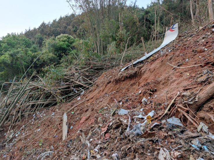 Plane debris is seen at the site where a China Eastern Airlines Boeing 737-800 plane flying from Kunming to Guangzhou crashed, in Wuzhou, Guangxi Zhuang Autonomous Region, China March 21, 2022. Picture taken March 21, 2022. China Daily via REUTERS