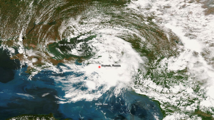 This National Oceanic and Atmospheric Administration (NOAA) satellite image taken on July 6, 2012 and released July 9, 2012 of Krymsk, Russia, shows the low pressure system that had moved westward over the preceding days gathering strength from the warm B