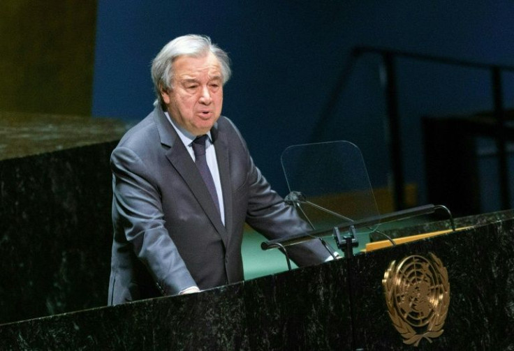 In this file photo taken on February 28, 2022, UN Secretary-General Antonio Guterres speaks on the Russia-Ukraine conflict at the General Assembly emergency special session in New York