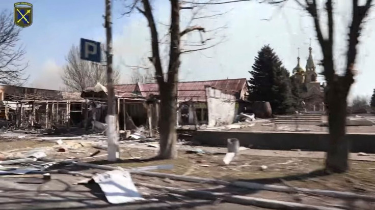 A general view shows damaged buildings as Russia's invasion of Ukraine continues, in Marinka, Donetsk region, Ukraine, March 22, 2022 in this screengrab obtained from a social media video. Joint Forces Operation via REUTERS 