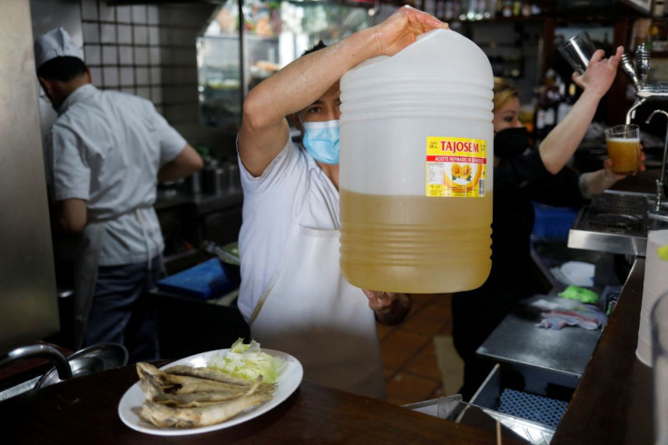 A waiter holds a plastic bottle with sunflower oil used to fry fish at Los Cazadores bar in Ronda, Spain, March 19, 2022. Picture taken March 19, 2022.
