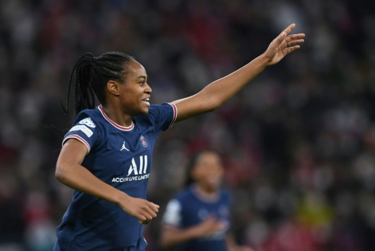 Marie-Antoinette Katoto celebrates scoring PSG's second goal away to Bayern Munich