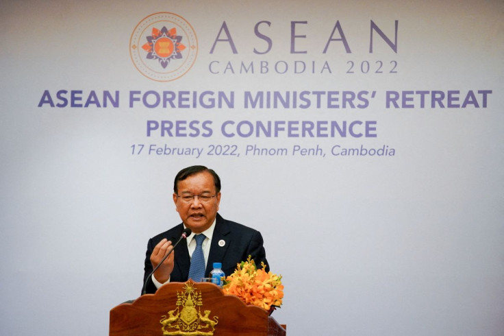 Cambodia's Foreign Minister Prak Sokhonn talks during his news conference after the ASEAN foreign ministers' meeting in Phnom Penh, Cambodia, February 17, 2022.