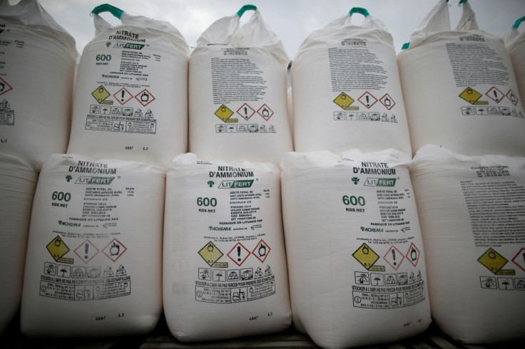 Bags containing ammonium nitrate fertilizer are dispalyed in an agricultural trader in Vieillevigne, France, October 7, 2016.
