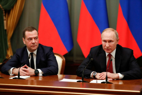 Russian President Vladimir Putin and Dmitry Medvedev attend a meeting with members of the government in Moscow, Russia January 15, 2020. Sputnik/Dmitry Astakhov/Pool via 