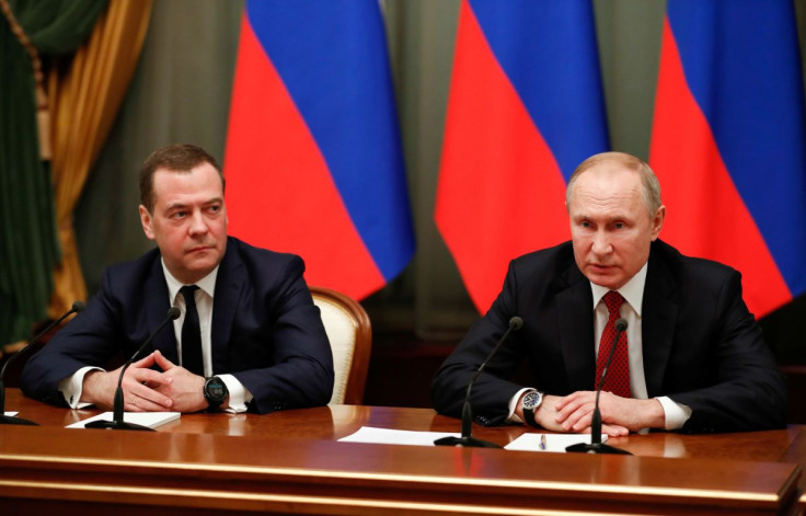 Russian President Vladimir Putin and Dmitry Medvedev attend a meeting with members of the government in Moscow, Russia January 15, 2020. Sputnik/Dmitry Astakhov/Pool via 