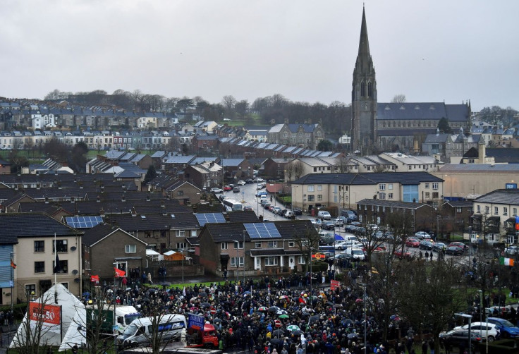 People take part in a Republican walk of remembrance to mark the 50th anniversary of 'Bloody Sunday', in Londonderry, Northern Ireland, January 30, 2022.