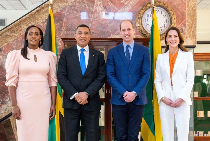 Prime Minister of Jamaica Andrew Holness and his wife Juliet Holness pose for a picture with Britain's Prince William and Catherine, Duchess of Cambridge, on day five of the Platinum Jubilee Royal Tour of the Caribbean, at his office in Kingston, Jamaica,