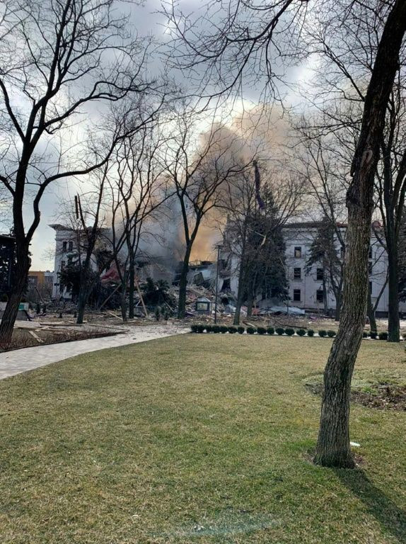 This picture published on the Telegram account of the governor of Ukraine's eastern region Donetsk Pavlo Kirilenko shows the Drama Theatre destroyed by shelling in Mariupol.