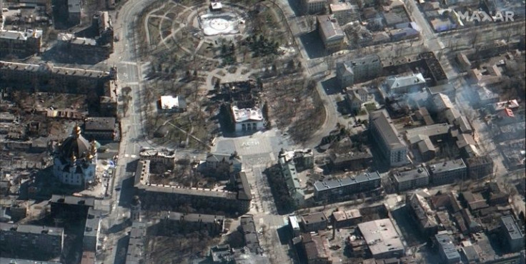This satellite image taken by Maxar shows the aftermath of the airstrike on Mariupol's Drama Theater, where hundreds of civilians had been hiding