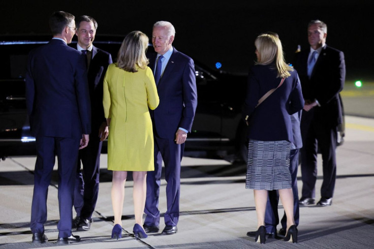 Belgian Prime Minister Alexander de Croo and U.S. Permanent Representative to NATO Julianne Smith welcome U.S. President Joe Biden, who arrives to attend an extraordinary NATO summit to discuss ongoing deterrence and defense efforts in response to Russia'