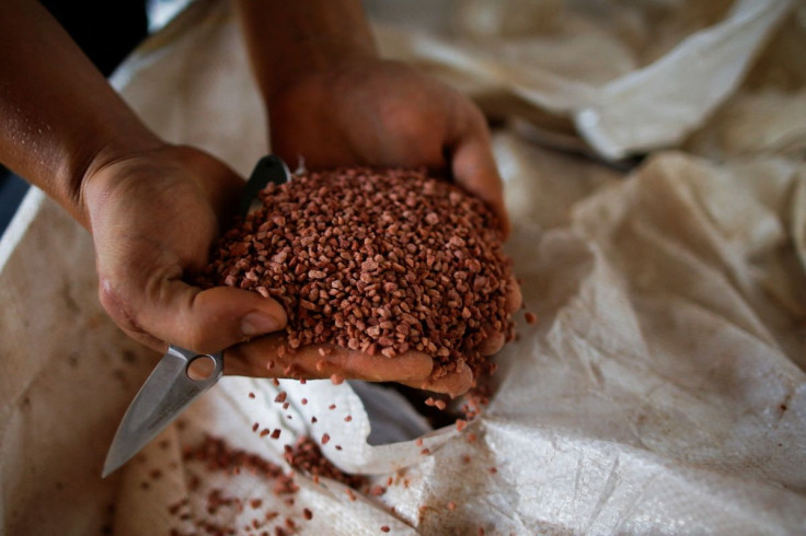 An agricultural worker shows a fertilizer before spreading it in a soybean field, near Brasilia, Brazil February 15, 2022. Picture taken February 15, 2022.