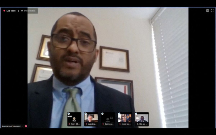 Arturo Mcfields, Nicaragua's Ambassador to the Organization Of American States, speaks in a video address from an unidentified location, March 23, 2022, in this still image taken from video. OAS/via Reuters TV/Handout via REUTERS