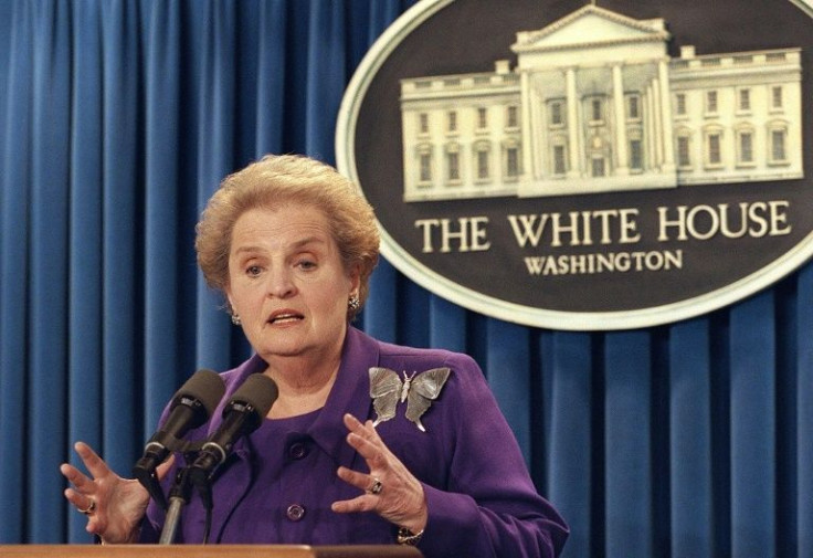 Then- US secretary of state Madeleine Albright speaks to reporters during a press conference at the White House in Washington in September 1998