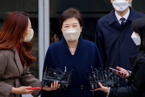 South Korea's former President Park Geun-hye speaks to reporters as she leaves the Samsung Medical Center in Seoul, South Korea, March 24, 2022.  
