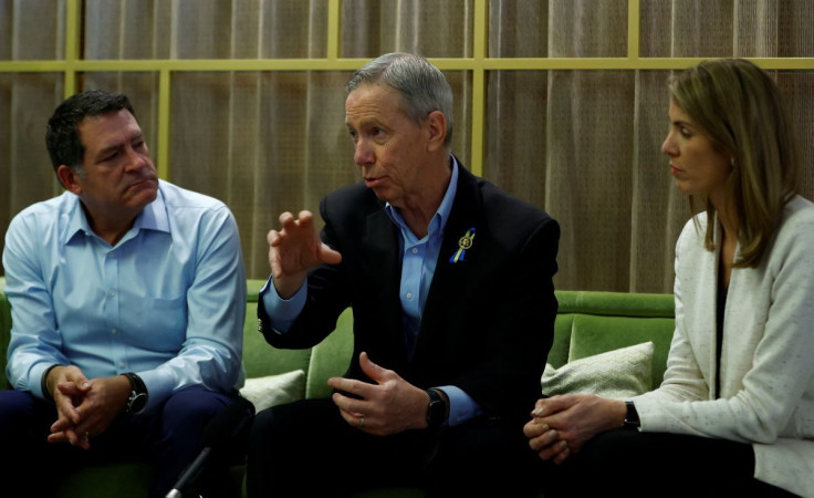 U.S. Representatives Stephen Lynch, Mark Green and Lori Trahan attend an interview with Reuters at Vienna international airport VIP terminal in Schwechat, Austria March 24, 2022.