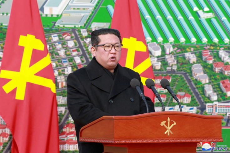 North Korean leader Kim Jong Un speaks during the ground-breaking ceremony for construction of Ryonpho Greenhouse Farm Held in Ryonpho area of Hamju County, South Hamgyong Province of the DPRK, North Korea in this photo released on February 18, 2022 by No