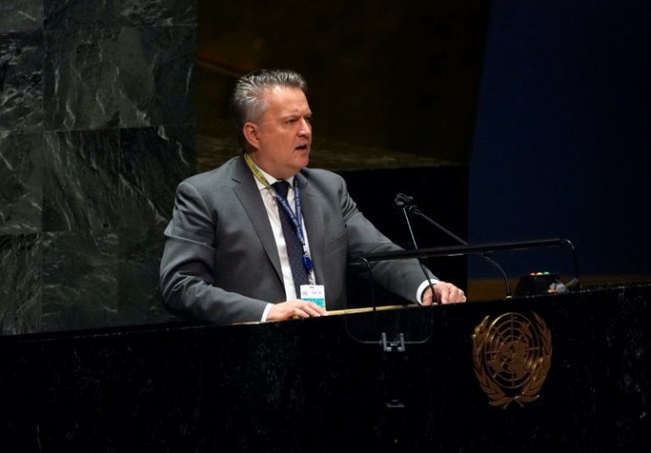 Ukraine's UN Ambassador Sergiy Kyslytsya, speaks during a General Assembly Emergency Special Session on Ukraine at the United Nations in New York on March 23, 2022