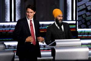 Liberal Leader Justin Trudeau and NDP Leader Jagmeet Singh take part in a federal election debate in Gatineau, Canada, September 9, 2021. Justin Tang/Pool via 