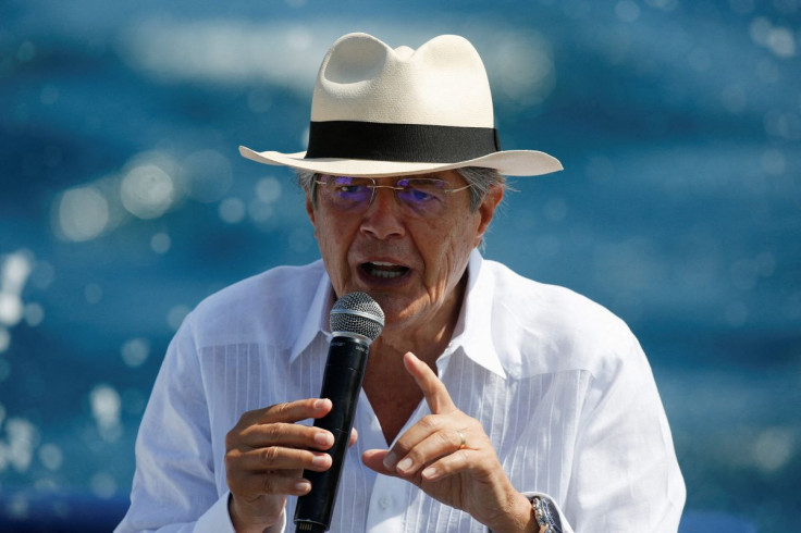Ecuadorian President Guillermo Lasso speaks at the inauguration of an extended marine reserve that will encompass 198,000 square kilometers (76,448 square miles), aboard a research vessel off Santa Cruz Island, in the Galapagos Islands, Ecuador January 14