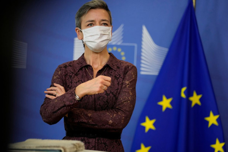 Margrethe Vestager, European Commissioner for Europe fit for the Digital Age speaks during a signature ceremony regarding the Chips Act at EU headquarters in Brussels, Belgium, February 8, 2022. Virginia Mayo/Pool via REUTERS