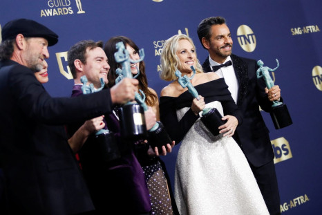 Director Sian Heder and cast members of "CODA" Troy Kotsur, Daniel Durant, Emilia Jones, Marlee Matlin and Eugenio Derbez pose backstage after winning Outstanding Performance by a Cast in a Motion Picture at the 28th Screen Actors Guild Awards, in Santa M