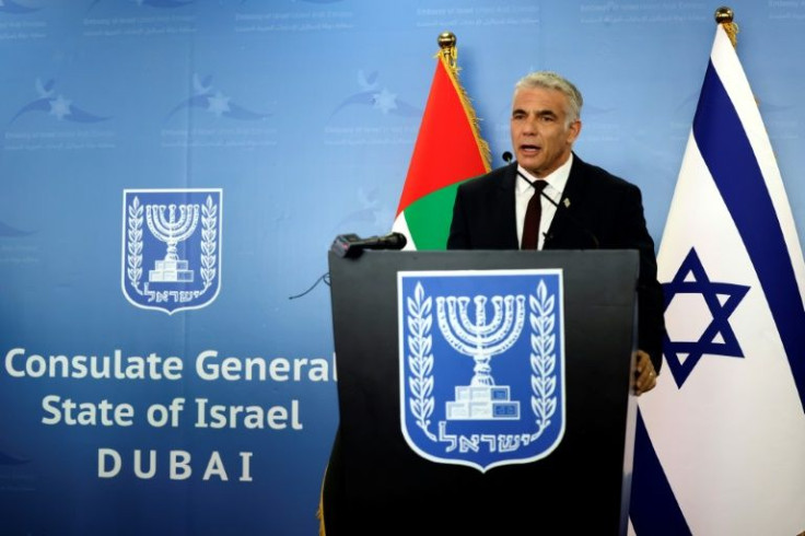 Israel's Foreign Minister Yair Lapid gives a press conference at the new Israeli consulate in the Gulf Emirate of Dubai, on June 30, 2021