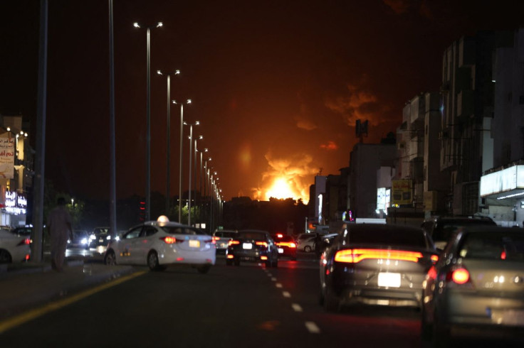 A view of a fire at Saudi Aramco's petroleum storage facility, after an attack, in Jeddah, Saudi Arabia March 25, 2022.