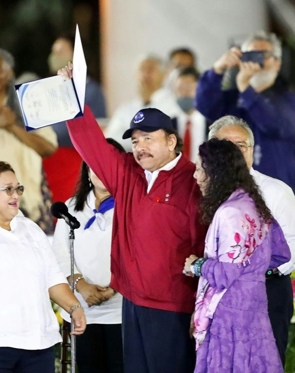 Nicaragua's President Daniel Ortega being sworn in as president for a fourth straight term next to his wife and vice-president Rosario Murillo in January 2022