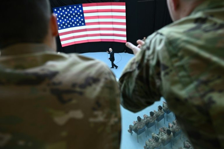 US President Joe Biden delivers a speech to members of the US 82nd Airborne Division