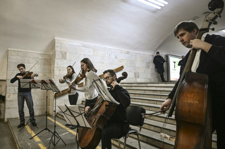 Underground and protected from rockets and missiles, the musicians, aged 20-35, played the national anthem and several tunes from popular Ukrainian folklore
