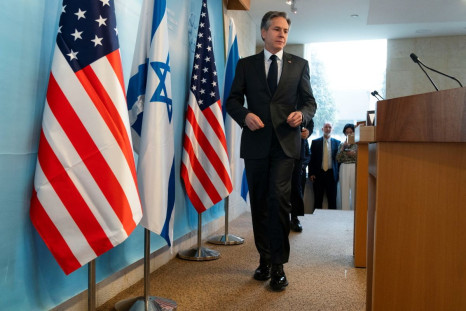 U.S. Secretary of State Antony Blinken arrives to attend a news conference with Israel's Foreign Minister Yair Lapid at Israel's Ministry of Foreign Affairs in Jerusalem, March 27, 2022. Jacquelyn Martin/Pool via REUTERS