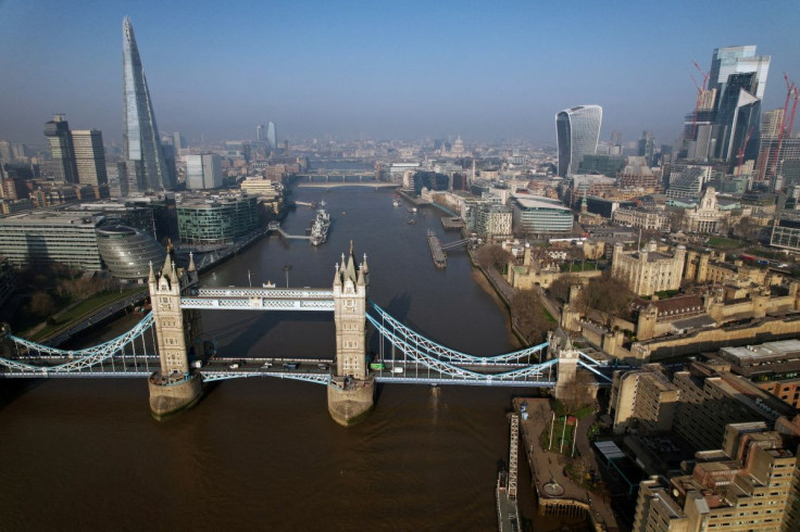 A general view of London showing Tower Bridge, The Shard, London City Hall, The Fenchurch Building, also known as The Walkie Talkie, The Tower Of London, St. Paul's Cathedral, in London, Britain, March 23, 2022.  Picture taken with a drone. 