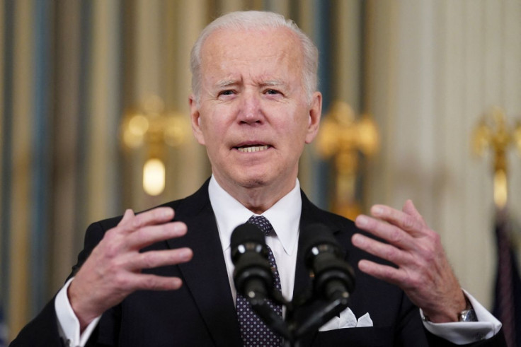 U.S. President Joe Biden responds to a question about Ukraine during an event to announce his budget proposal for fiscal year 2023, in the State Dining Room at the White House in Washington, U.S., March 28, 2022. 
