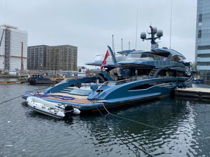 A super-yacht Phi, owned by a Russian businessman, is being detained by National Crime Agency?s Combating Kleptocracy Cell in Canary Wharf, London, Britain March 29, 2022. National Crime Agency/Handout via REUTERS