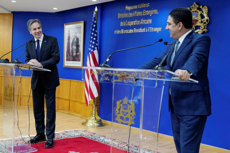 U.S. Secretary of State Antony Blinken and Morocco's Foreign Minister Nasser Bourita, attend a news conference at the Foreign Ministry in Rabat, Morocco, March 29, 2022. Jacquelyn Martin/Pool via REUTERS