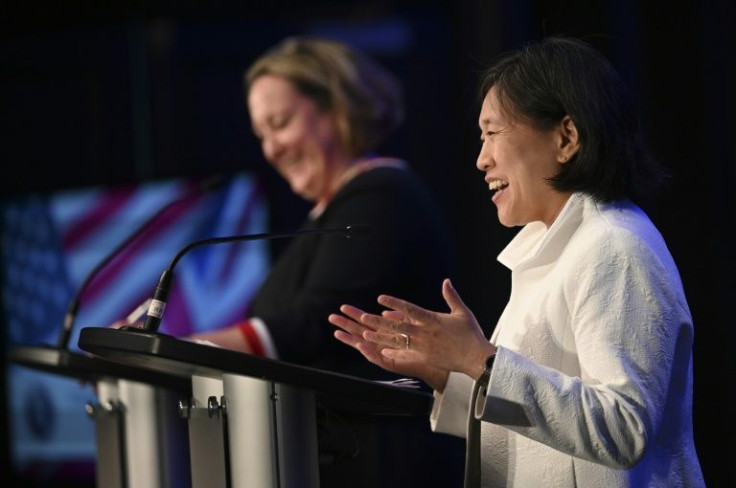 US Trade Representative Katherine Tai (R), seen here with British Secretary of State for International Trade Anne-Marie Trevelyan in Baltimore in March 2022, advocates the US emphasize economic independence from China rather than focusing on changing Beij