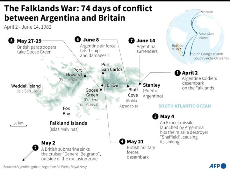 Map of the Falkland Islands with the main events of the Falklands War between Argentina and Britain in 1982