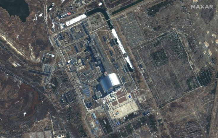 A Maxar satellite image taken on March 10, 2022 and showing the Chernobyl Nuclear Power Plant in Pripyat, Ukraine, which Russian forces have begun to pull out of, according to the US