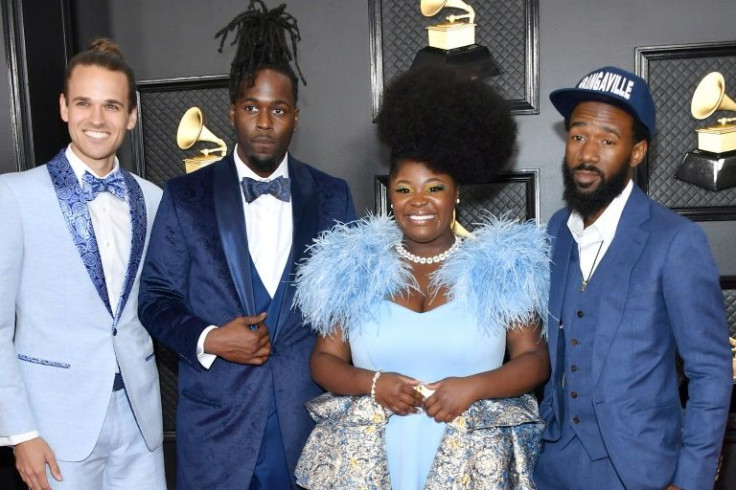 (L-R) Albert Allenbeck, Joshua Johnson, Tarriona 'Tank' Ball, and Norman Spence of music group Tank and the Bangas at the 2020 Grammys, where the group received a nomination for best new artist