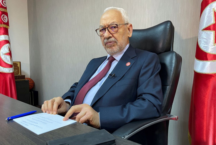 Tunisia's Rached Ghannouchi, head of the moderate Islamist Ennahda and speaker of the parliament, attends an interview with Reuters in Tunis, Tunisia, March 31, 2022. 
