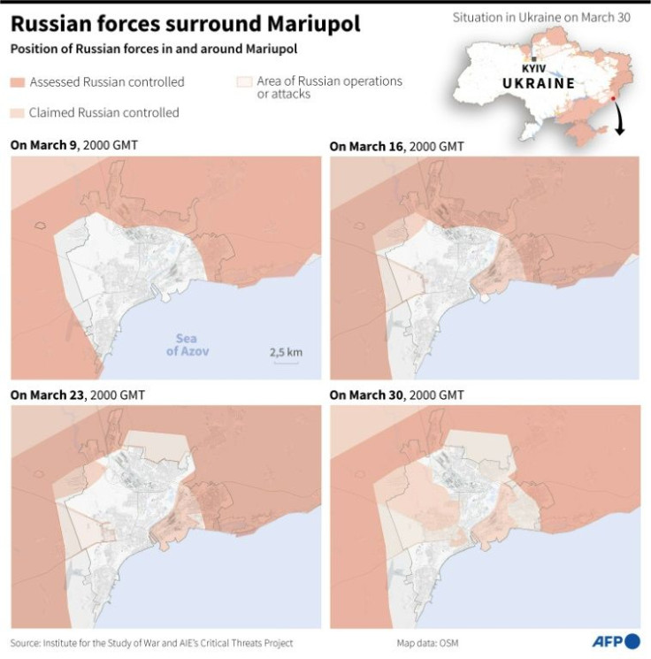Position of Russian forces in and around Mariupol on March 9, 16, 23 and 30.