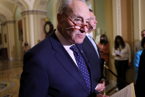 U.S. Senate Majjority Leader Chuck Schumer (D-NY) faces reporters following the weekly Senate Democratic lunch on Capitol Hill in Washington, U.S., March 29, 2022. 