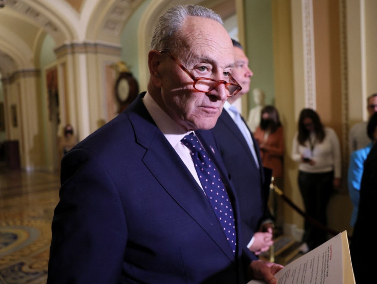 U.S. Senate Majjority Leader Chuck Schumer (D-NY) faces reporters following the weekly Senate Democratic lunch on Capitol Hill in Washington, U.S., March 29, 2022. 