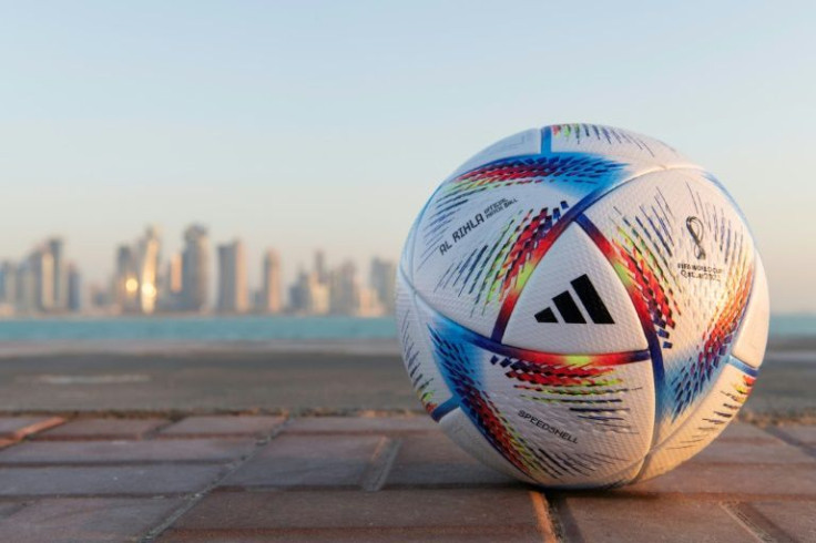 The ball for the 2022 World Cup with the Doha skyline in the background. The Qatari capital hosts the draw for the tournament on Friday