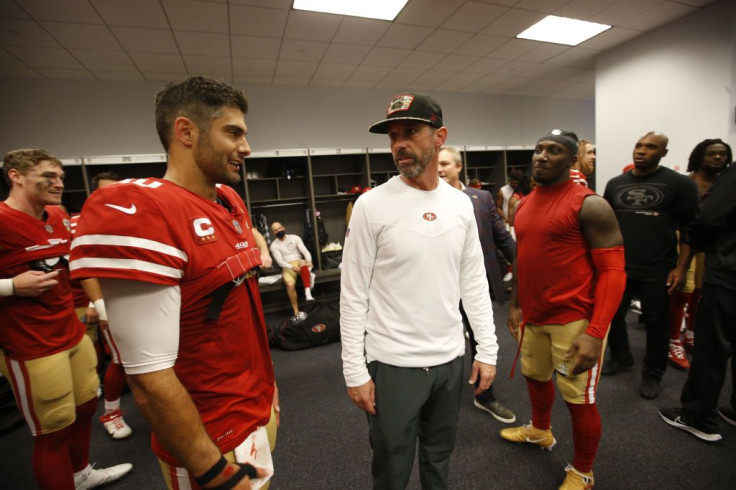  Jimmy Garoppolo #10 and Head Coach Kyle Shanahan of the San Francisco 49ers