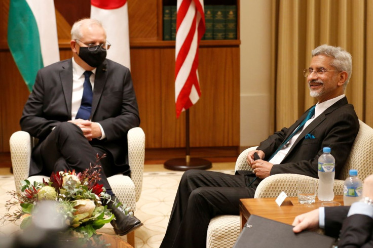 Indian Foreign Minister Subrahmanyam Jaishankar speaks with Australian Prime Minister Scott Morrison at Melbourne Commonwealth Parliament Office, in Melbourne, Australia February 11, 2022. Darrian Traynor/Pool via REUTERS